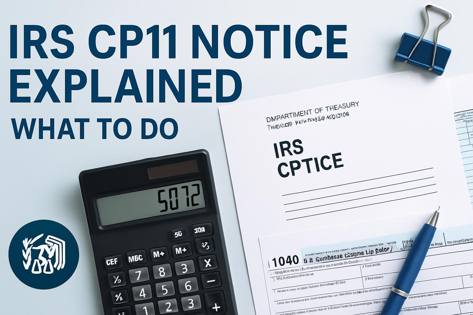 Concept image representing IRS CP11 notice resolution — IRS letter, calculator, and tax documents showing balance-due adjustment process from math error correction