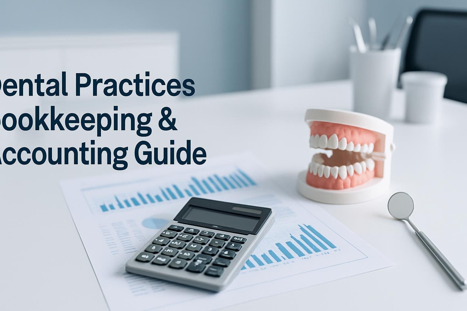 Concept image of dental practice bookkeeping showing dental tools, calculator, and financial documents on a clean desk — dental practice bookkeeping for $500K-$5M practices
