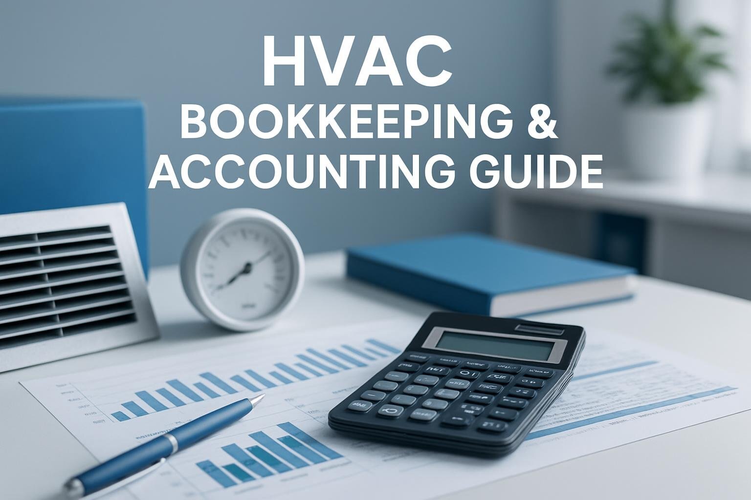 Concept image of HVAC business bookkeeping showing HVAC tools, calculator, and service invoices — HVAC bookkeeping for service and installation companies